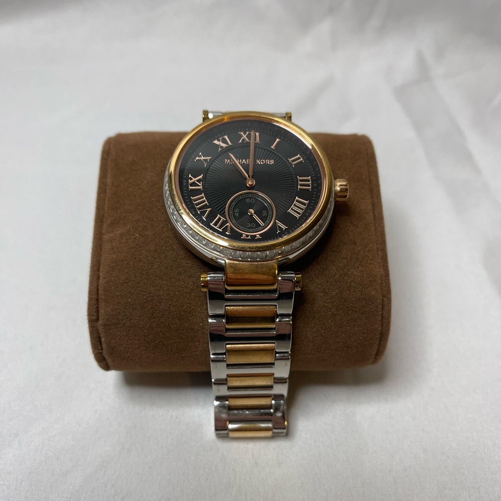 Michael Kors Skylar Watch Two Tone Rose Gold and Stainless with Black Dial